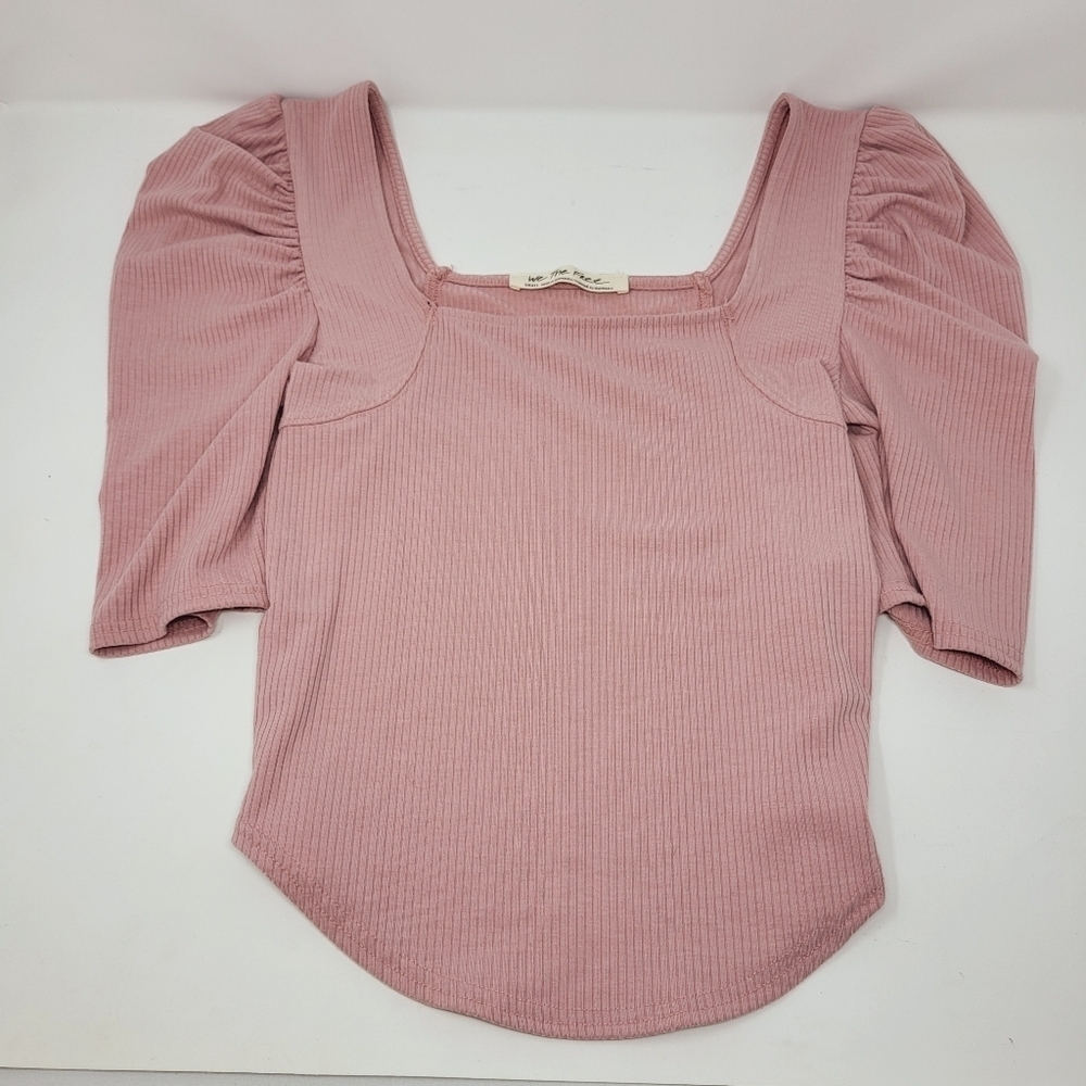 We the Free Night Lilly Puff Shoulder Square Neck Shirt Top Size S Pink Ribbed
